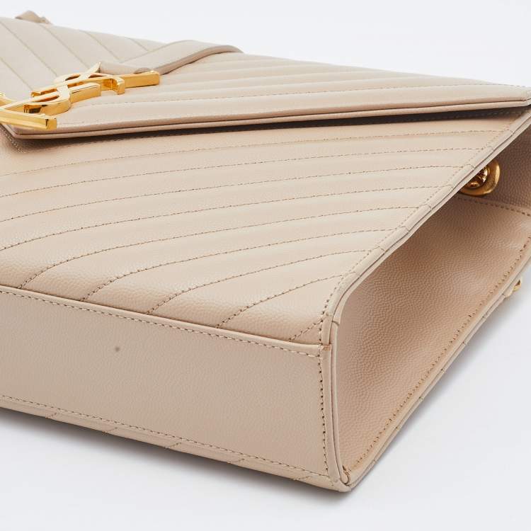 Pre Owned Saint Laurent Beige Matelassé Leather Large Monogram Envelope Shoulder Bag