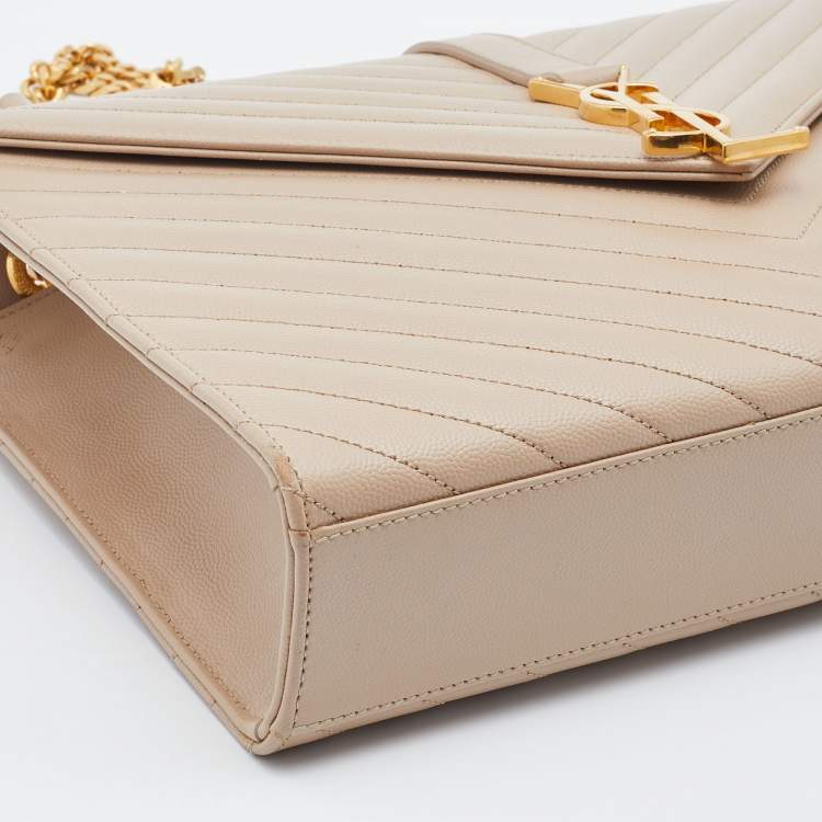 Pre Owned Saint Laurent Beige Matelassé Leather Large Monogram Envelope Shoulder Bag