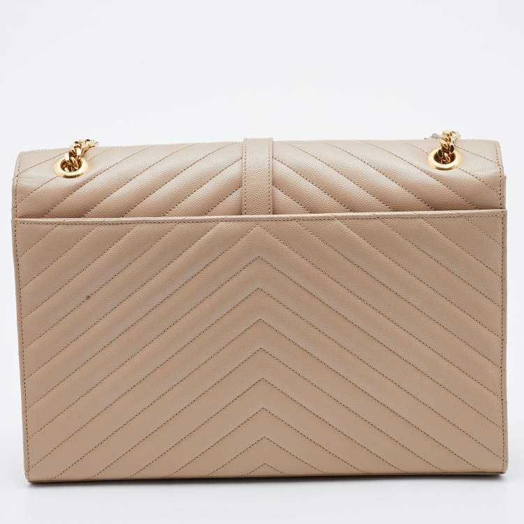 Pre Owned Saint Laurent Beige Matelassé Leather Large Monogram Envelope Shoulder Bag
