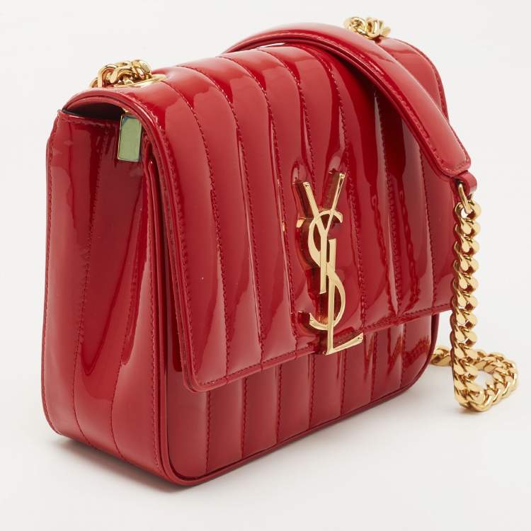 Pre Owned Saint Laurent Red Matelasse Patent Leather Medium Vicky Shoulder Bag