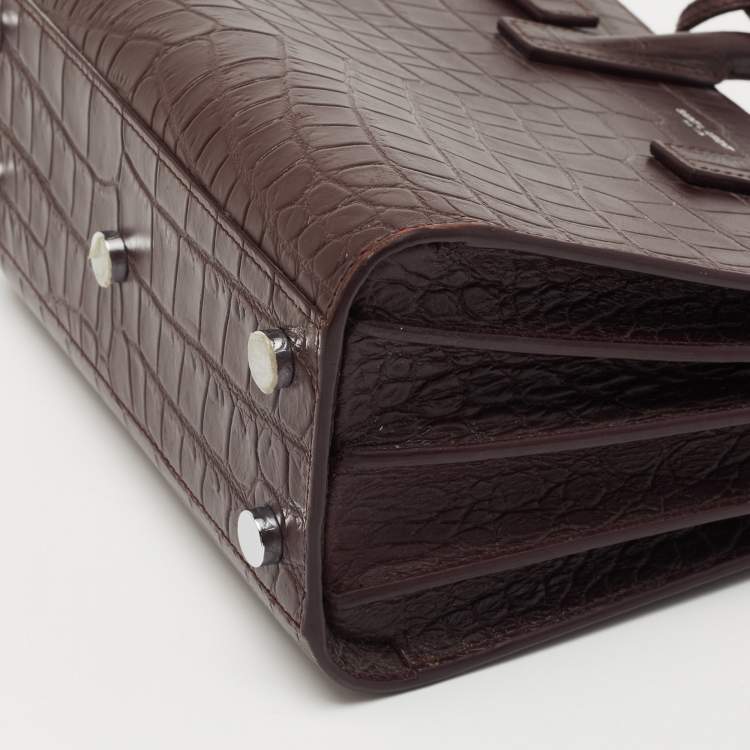 مملوكة مسبقًا Saint Laurent Burgundy Croc Embossed Leather Nano Classic Sac De Jour Tote