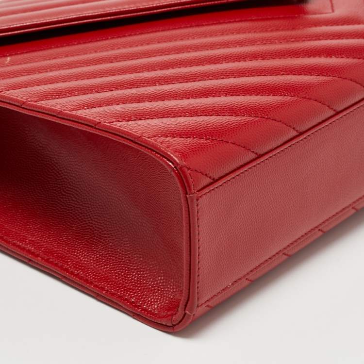 Pre Owned Saint Laurent Red Matelassé Leather Large Monogram Envelope Shoulder Bag
