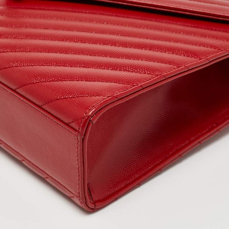 Pre Owned Saint Laurent Red Matelassé Leather Large Monogram Envelope Shoulder Bag