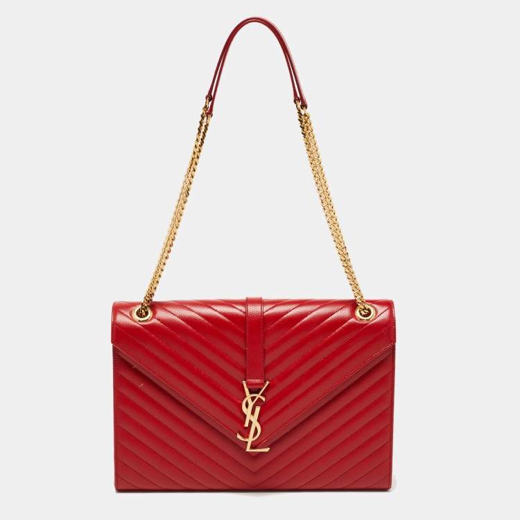 Saint Laurent Red Matelasse Leather Large Monogram Envelope Shoulder Bag