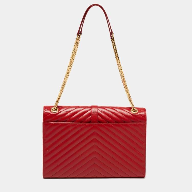 Pre Owned Saint Laurent Red Matelassé Leather Large Monogram Envelope Shoulder Bag