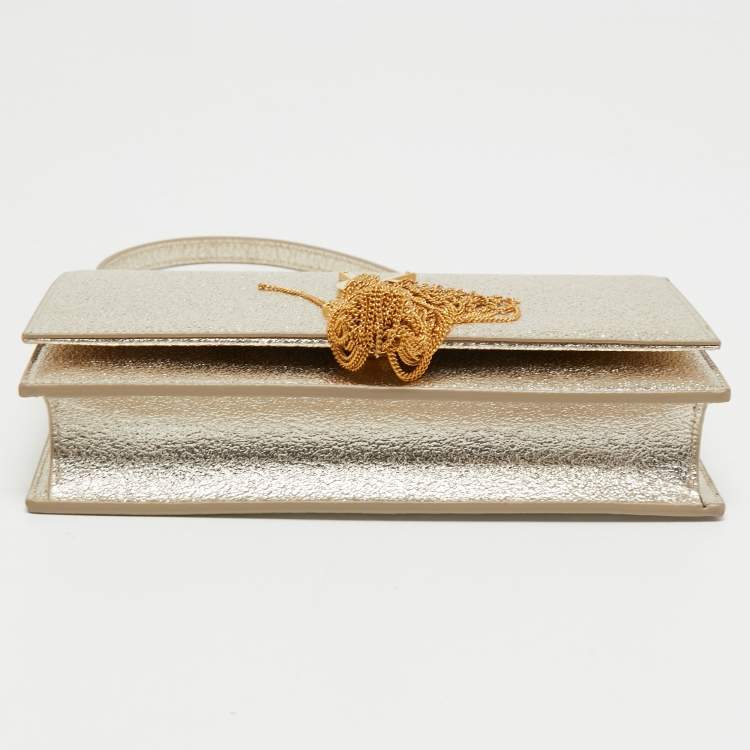 Pre Owned Saint Laurent Gold Textured Leather Kate Wallet on Chain 