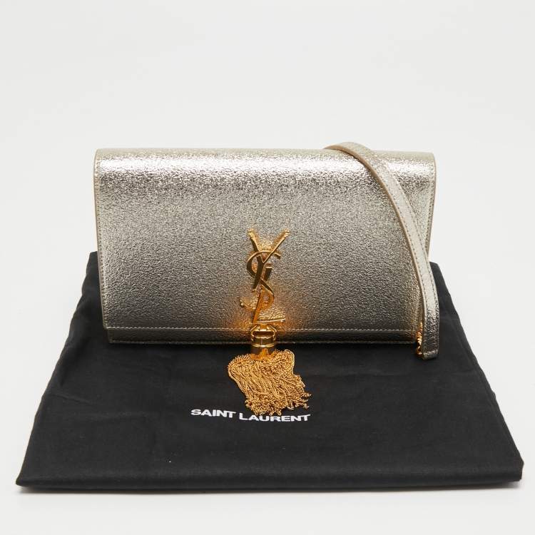 Pre Owned Saint Laurent Gold Textured Leather Kate Wallet on Chain 