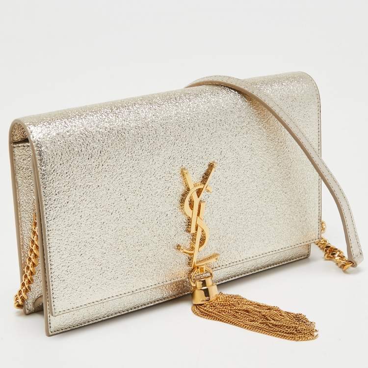 Pre Owned Saint Laurent Gold Textured Leather Kate Wallet on Chain 