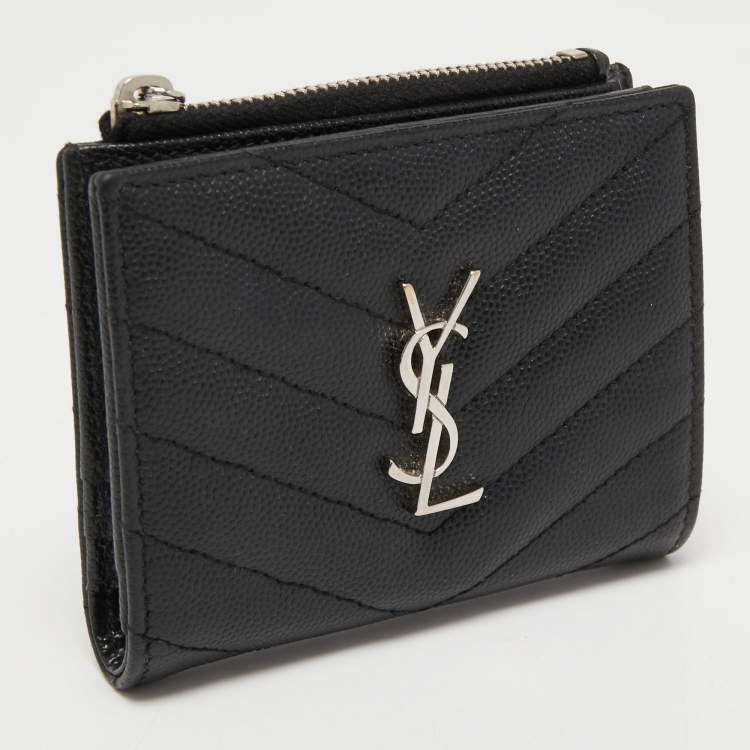 Pre Owned Saint Laurent Matelassé Leather Cassandre Zip Compact Wallet