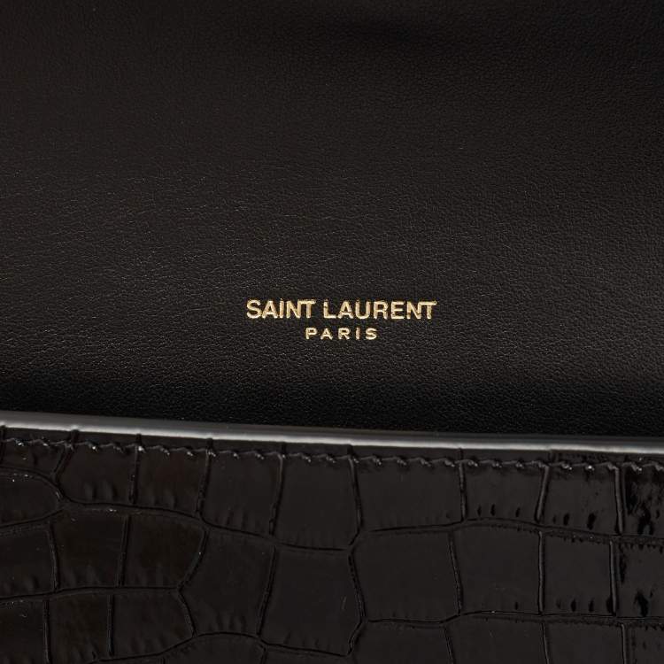 مملوكة مسبقًا Saint Laurent Black Croc Embossed Leather Uptown Wallet on Chain