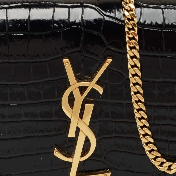 مملوكة مسبقًا Saint Laurent Black Croc Embossed Leather Uptown Wallet on Chain