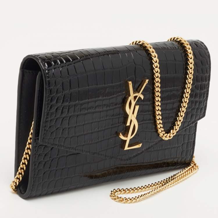 مملوكة مسبقًا Saint Laurent Black Croc Embossed Leather Uptown Wallet on Chain