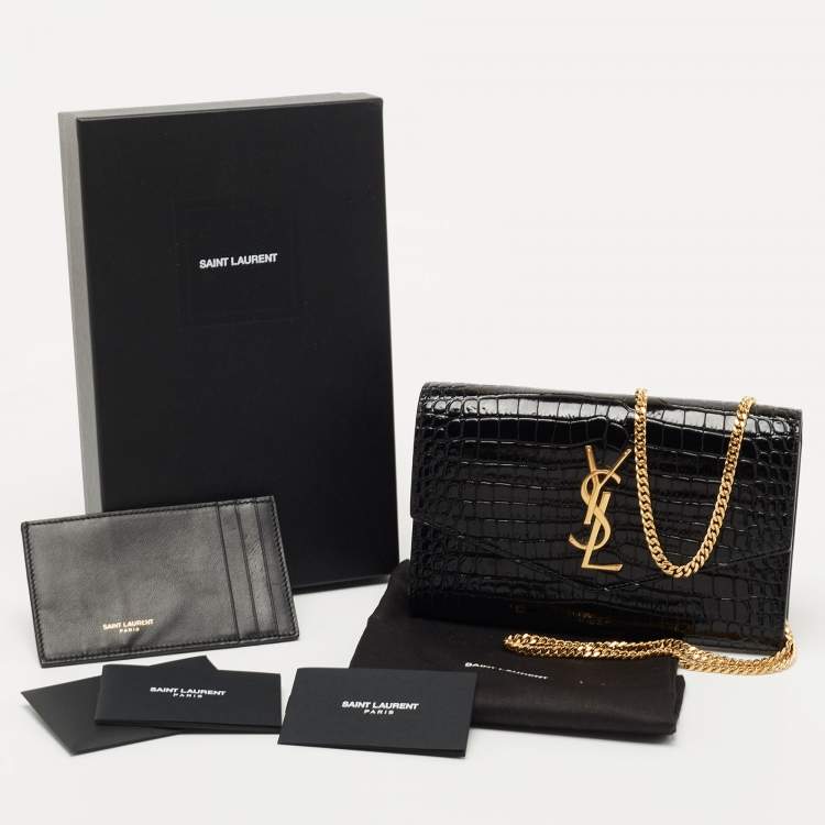 مملوكة مسبقًا Saint Laurent Black Croc Embossed Leather Uptown Wallet on Chain