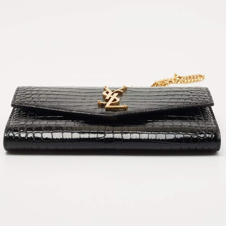 مملوكة مسبقًا Saint Laurent Black Croc Embossed Leather Uptown Wallet on Chain