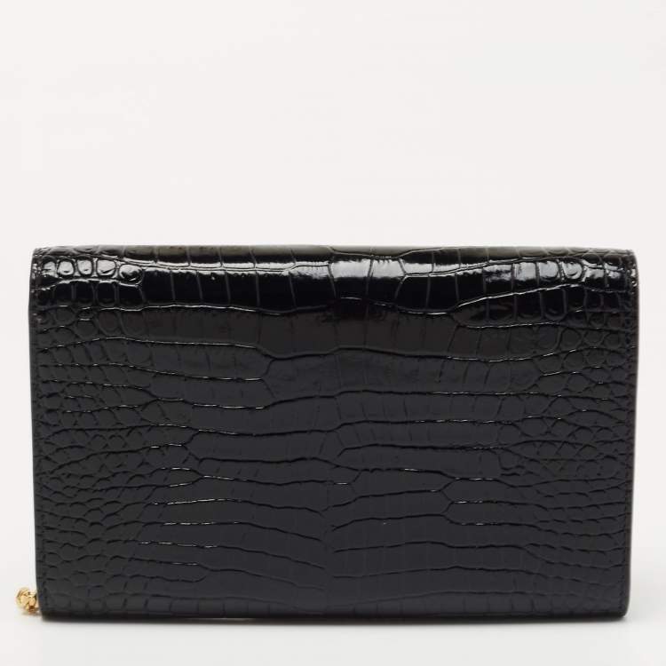 مملوكة مسبقًا Saint Laurent Black Croc Embossed Leather Uptown Wallet on Chain
