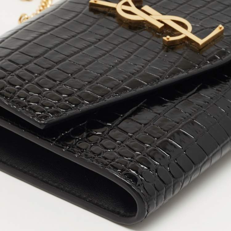 مملوكة مسبقًا Saint Laurent Black Croc Embossed Leather Uptown Wallet on Chain