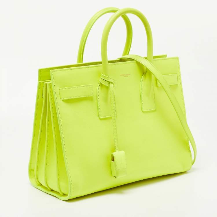 Pre Owned Saint Laurent Neon Green Leather Small Classic Sac De Jour Tote