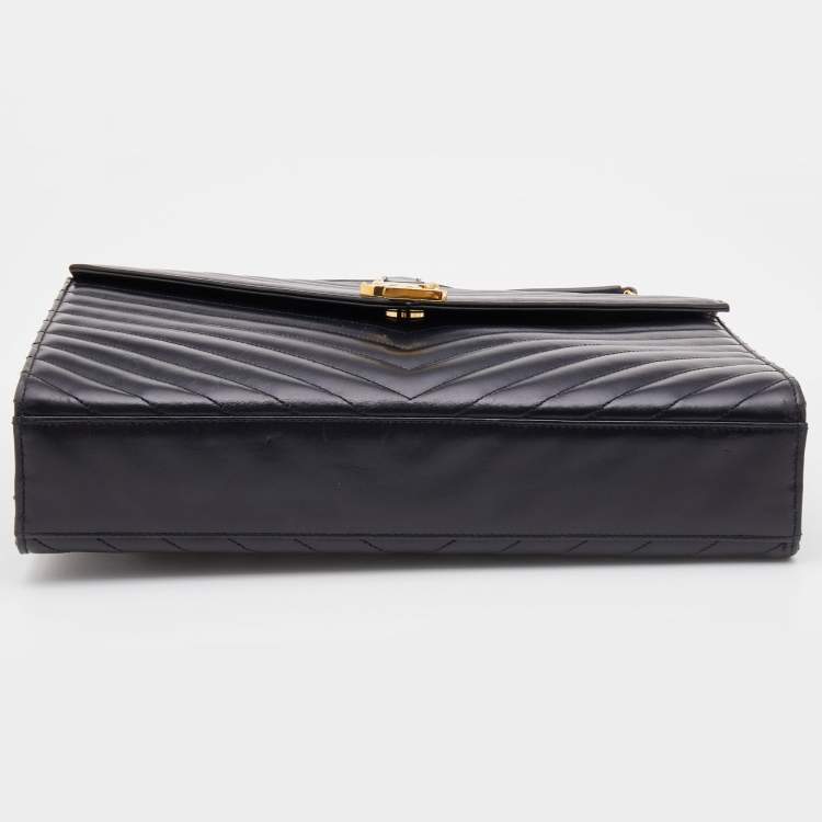 Pre Owned Saint Laurent Black Matelasse Leather Large Monogram Envelope Shoulder Bag