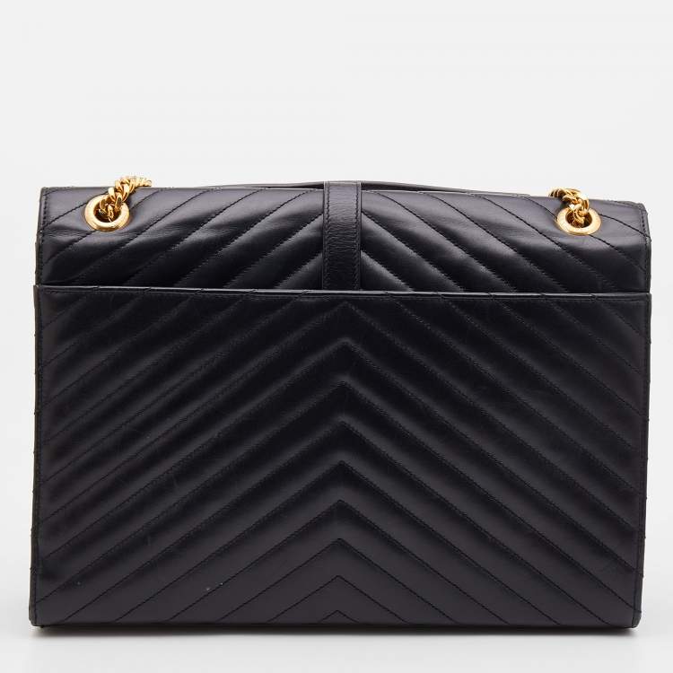 Pre Owned Saint Laurent Black Matelasse Leather Large Monogram Envelope Shoulder Bag