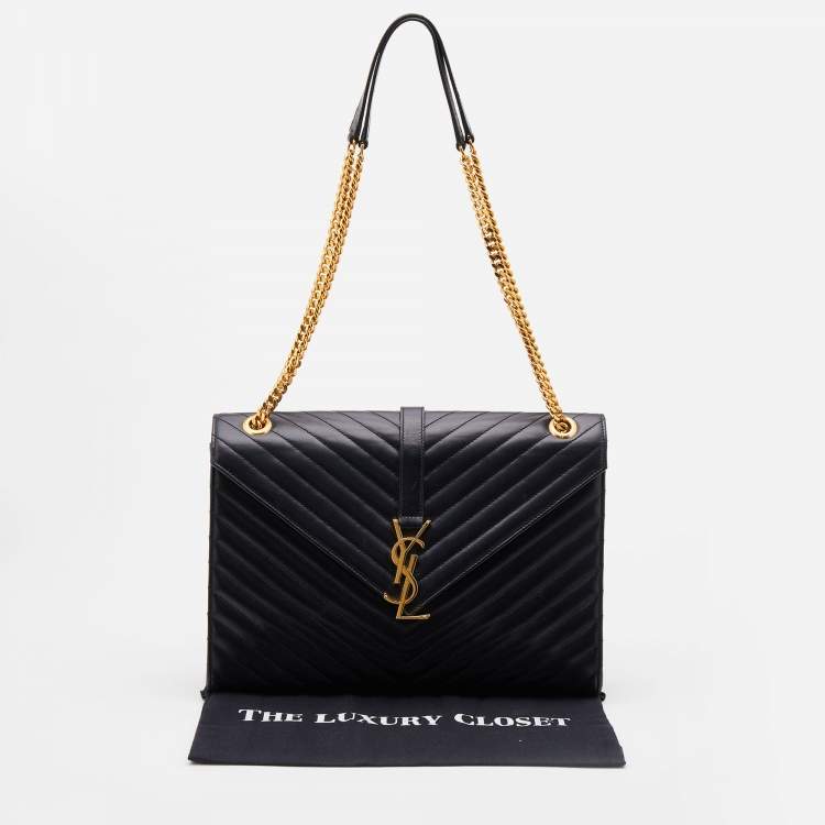 Pre Owned Saint Laurent Black Matelasse Leather Large Monogram Envelope Shoulder Bag