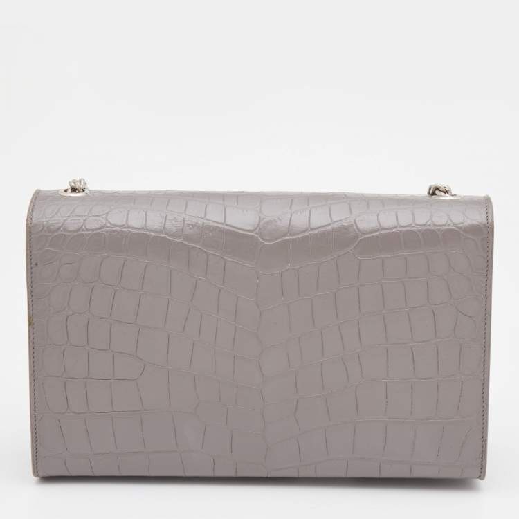 Pre Owned Saint Laurent Grey Croc Embossed Leather Kate Tassel Shoulder Bag