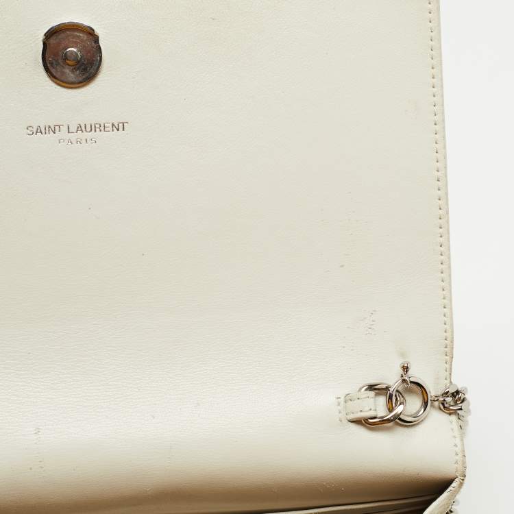 Pre Owned Saint Laurent White Croc Embossed Leather Kate Tassel Chain Wallet
