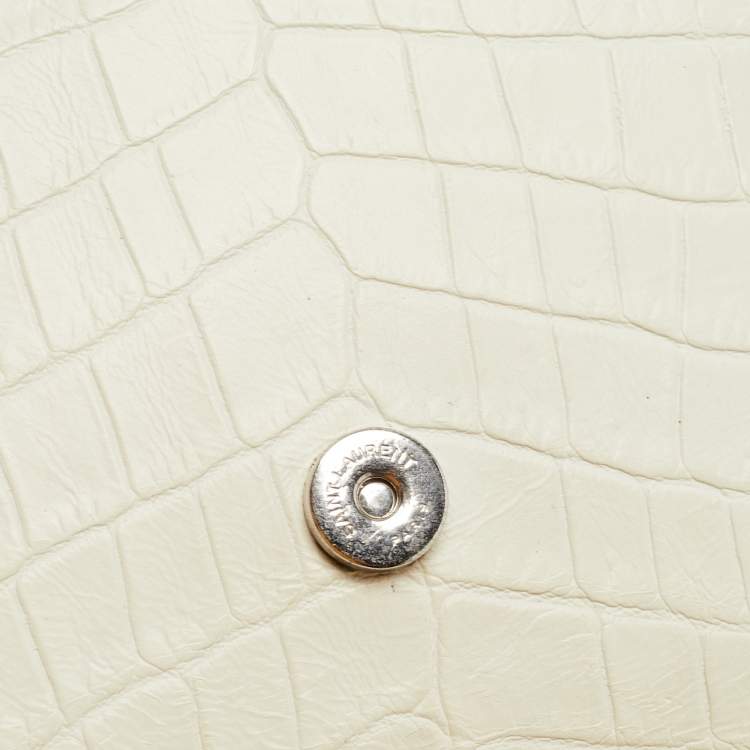 Pre Owned Saint Laurent White Croc Embossed Leather Kate Tassel Chain Wallet