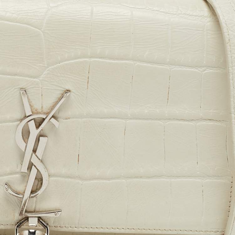 Pre Owned Saint Laurent White Croc Embossed Leather Kate Tassel Chain Wallet