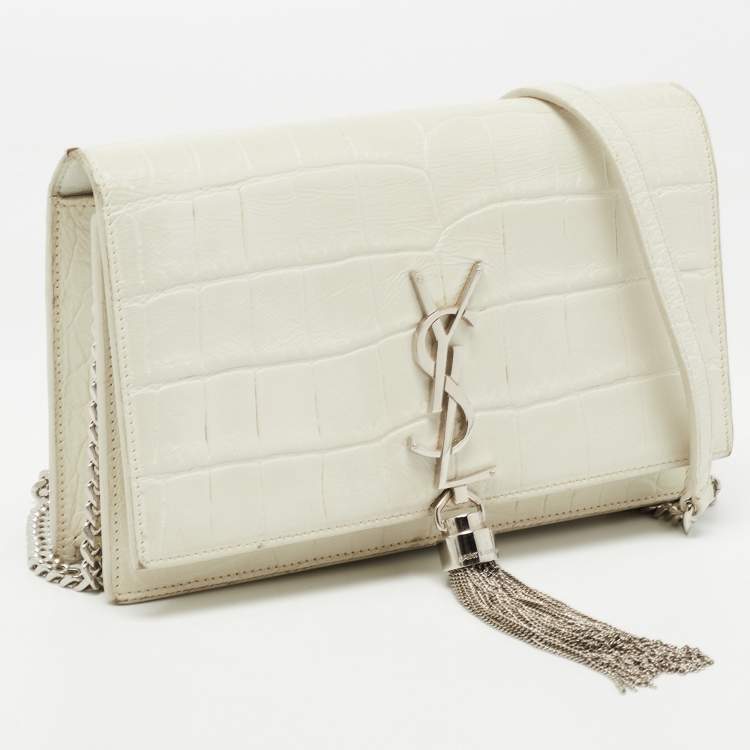 Pre Owned Saint Laurent White Croc Embossed Leather Kate Tassel Chain Wallet