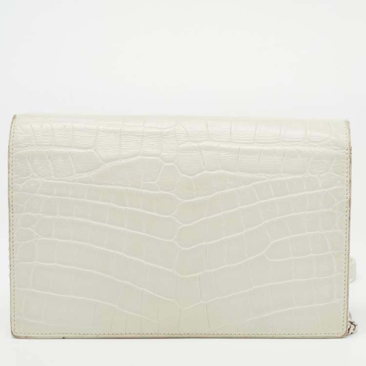 Pre Owned Saint Laurent White Croc Embossed Leather Kate Tassel Chain Wallet