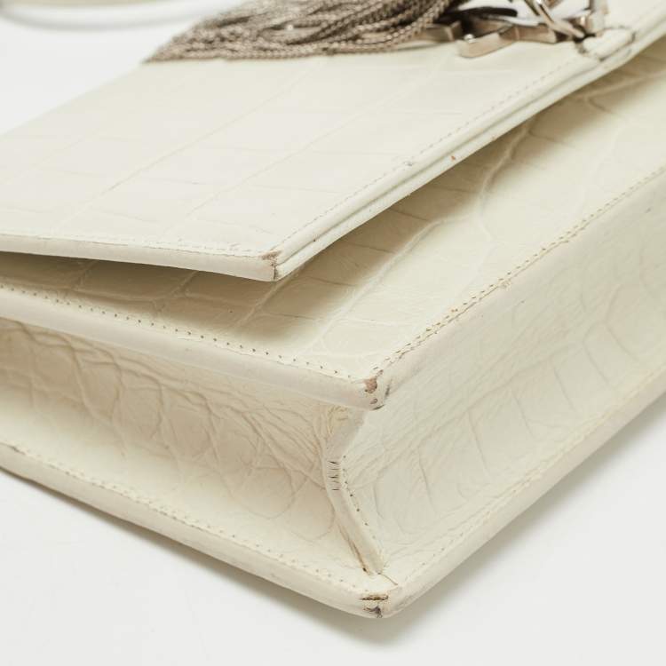 Pre Owned Saint Laurent White Croc Embossed Leather Kate Tassel Chain Wallet