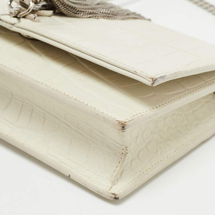 Pre Owned Saint Laurent White Croc Embossed Leather Kate Tassel Chain Wallet