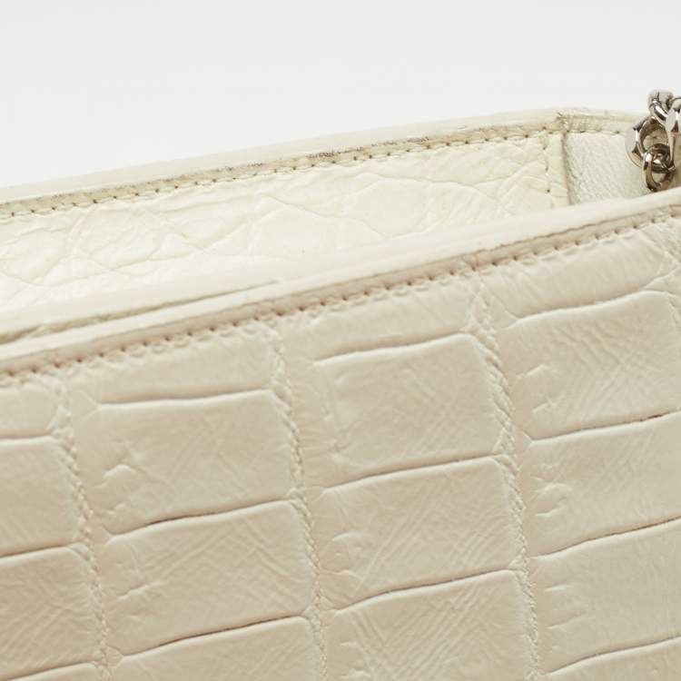 Pre Owned Saint Laurent White Croc Embossed Leather Kate Tassel Chain Wallet