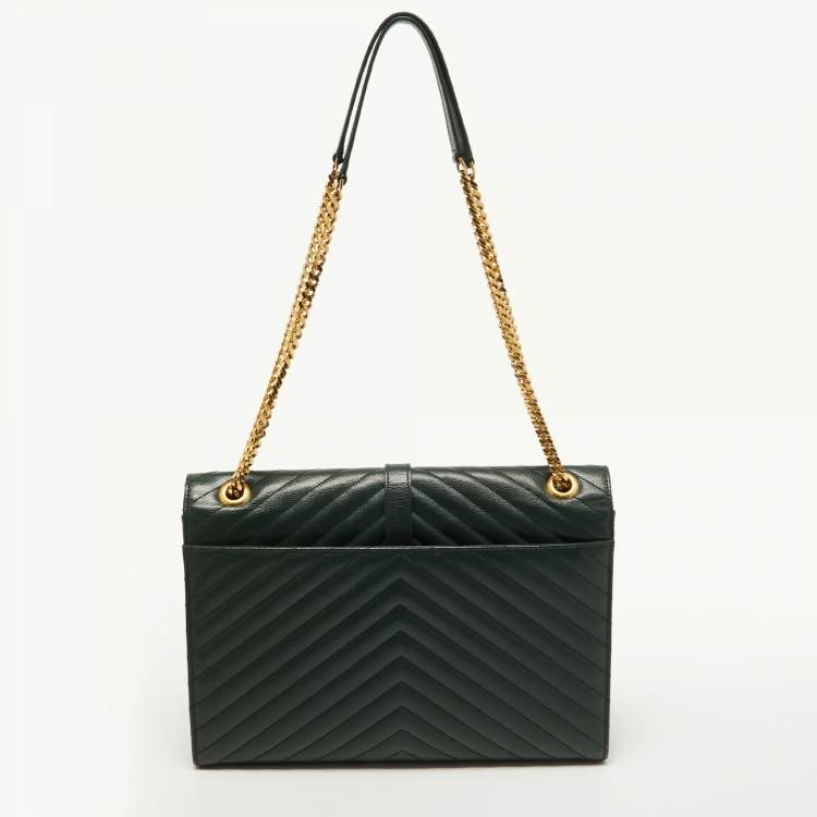 Pre Owned Saint Laurent Green Matelasse Leather Large Monogram Envelope Shoulder Bag