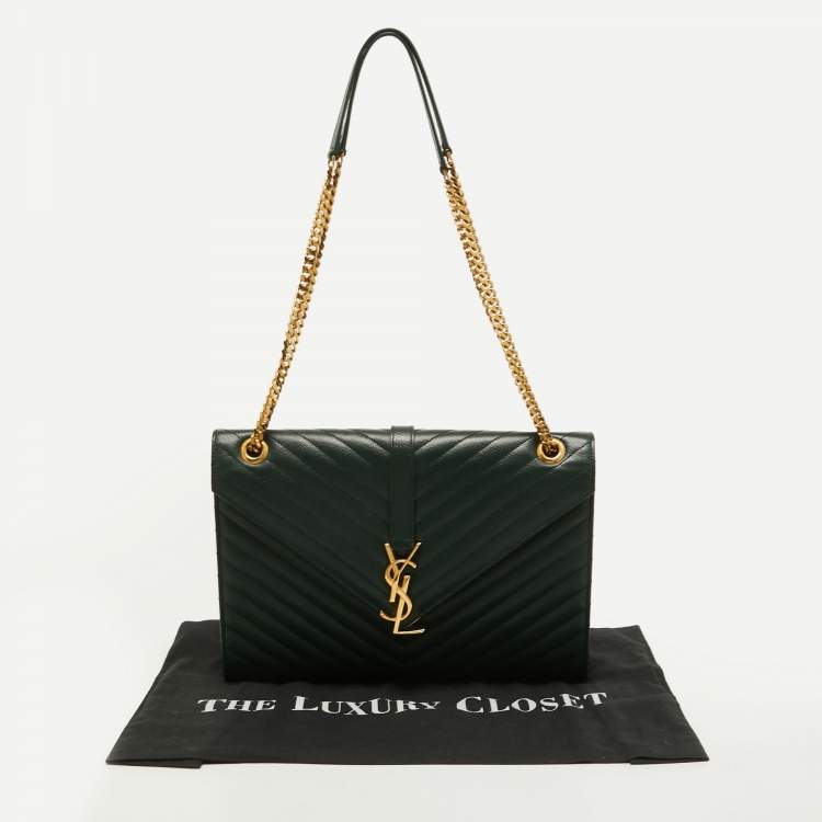 Pre Owned Saint Laurent Green Matelasse Leather Large Monogram Envelope Shoulder Bag
