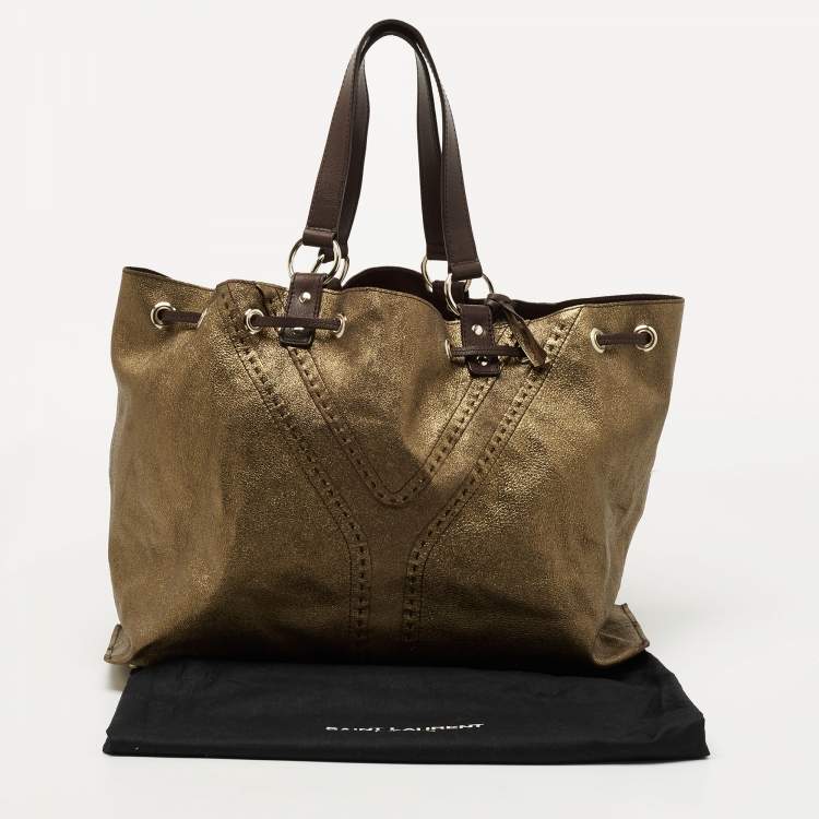 Pre Owned Yves Saint Laurent Gold/Brown Leather Reversible Double Sac Y Tote