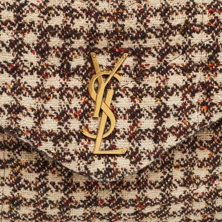 Pre Owned Saint Laurent Burgundy/Beige Tweed Small Puffer Shoulder Bag
