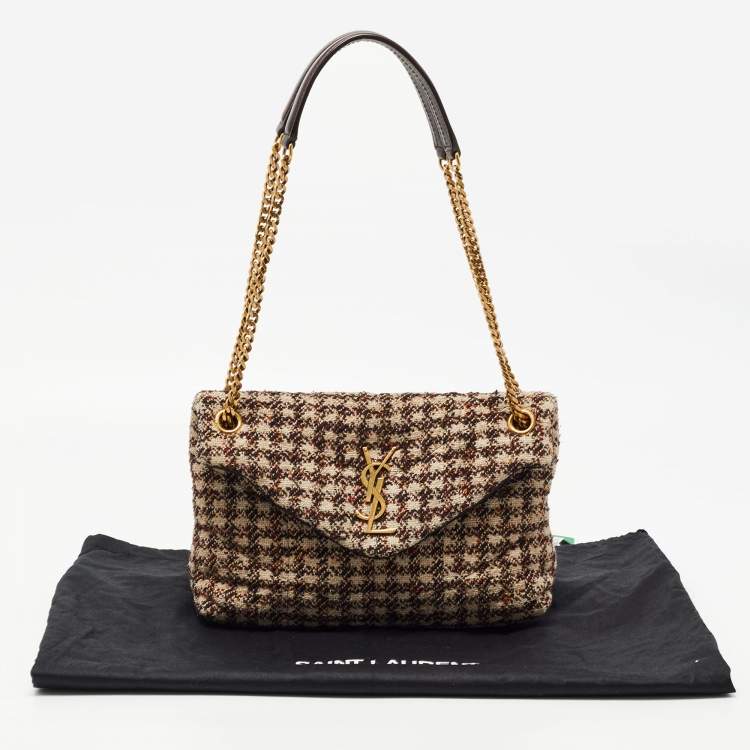 Pre Owned Saint Laurent Burgundy/Beige Tweed Small Puffer Shoulder Bag