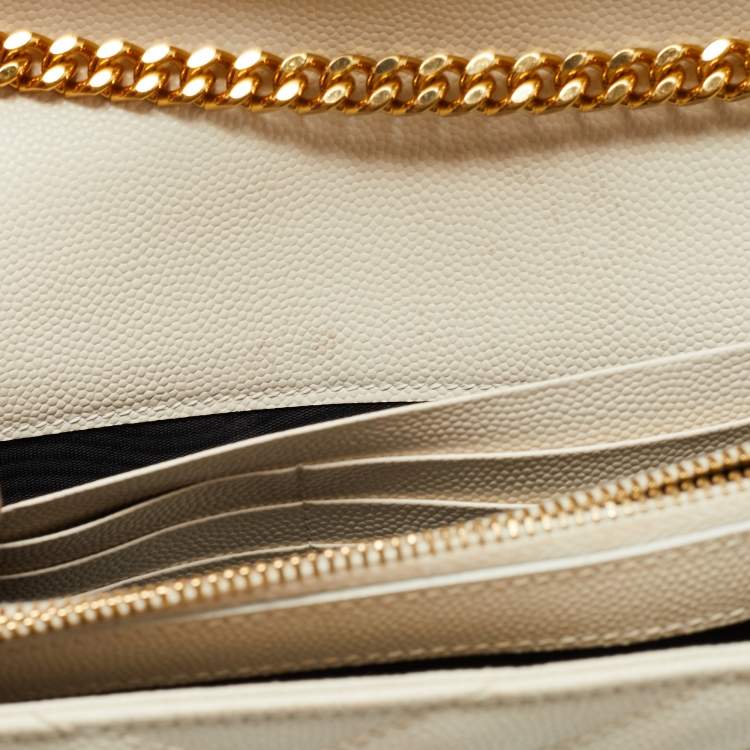 Pre Owned Saint Laurent Cream Matelassé Leather Cassandre Wallet on Chain