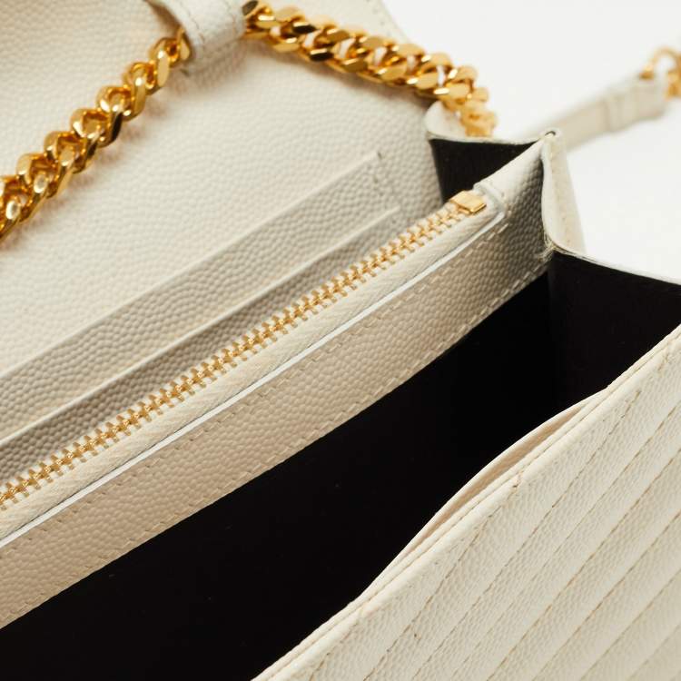 Pre Owned Saint Laurent Cream Matelassé Leather Cassandre Wallet on Chain