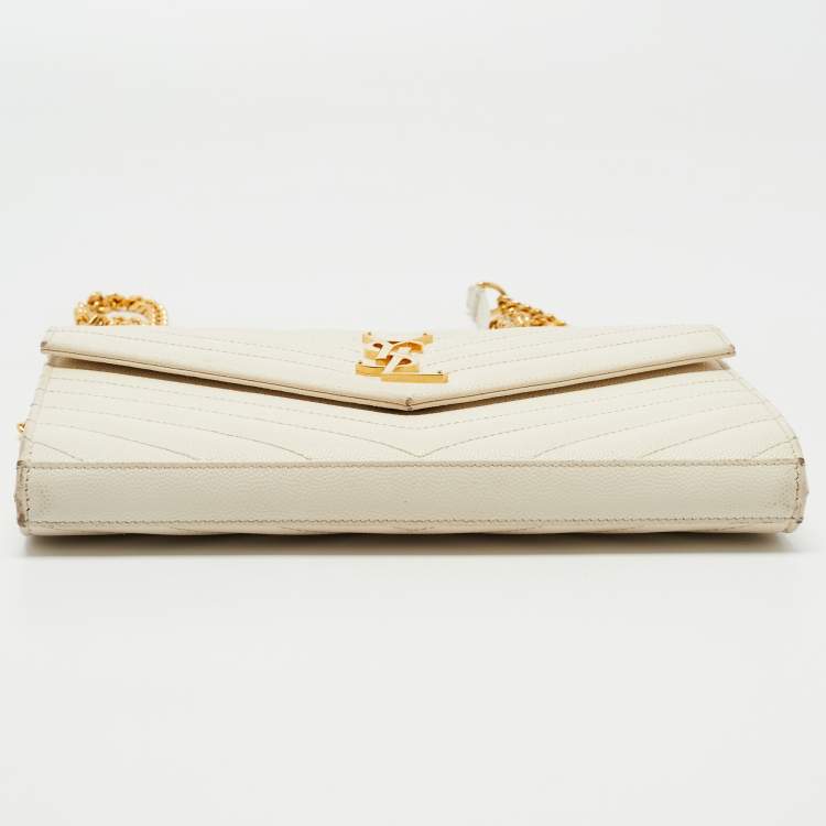 Pre Owned Saint Laurent Cream Matelassé Leather Cassandre Wallet on Chain