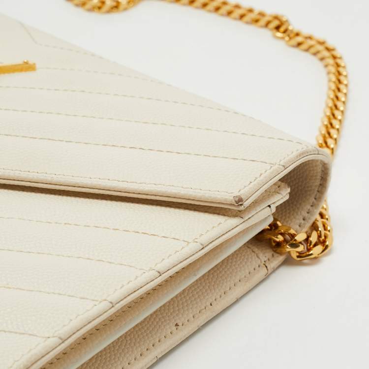Pre Owned Saint Laurent Cream Matelassé Leather Cassandre Wallet on Chain