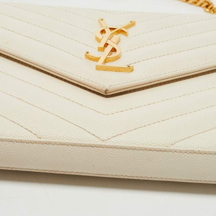Pre Owned Saint Laurent Cream Matelassé Leather Cassandre Wallet on Chain