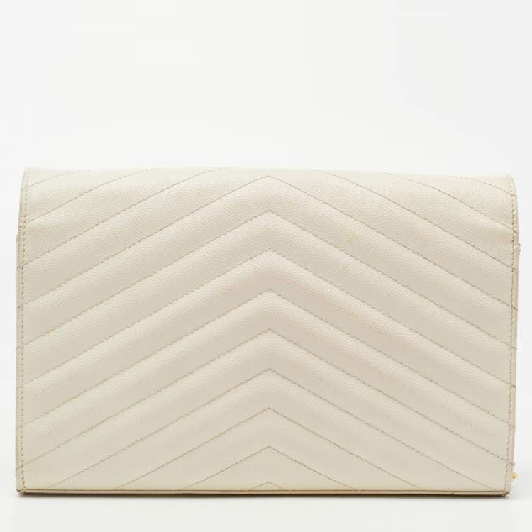 Pre Owned Saint Laurent Cream Matelassé Leather Cassandre Wallet on Chain