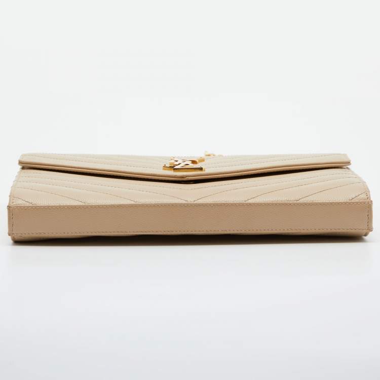 Pre Owned Saint Laurent Beige Matelassé Leather Cassandre Wallet on Chain