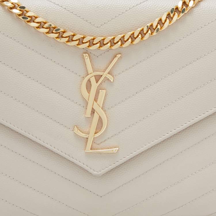 Pre Owned Saint Laurent Beige Matelassé Leather Cassandre Wallet on Chain
