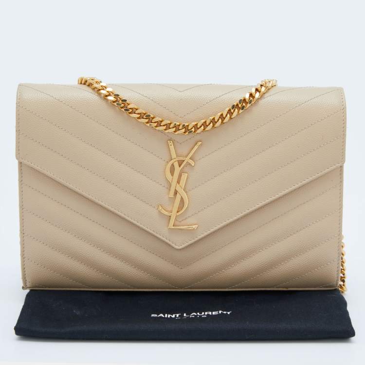 Pre Owned Saint Laurent Beige Matelassé Leather Cassandre Wallet on Chain