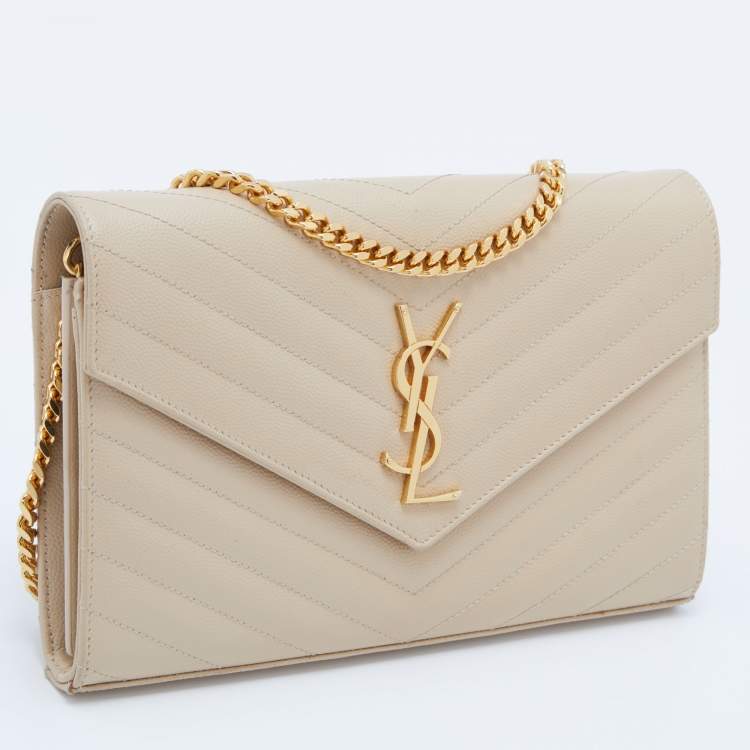 Pre Owned Saint Laurent Beige Matelassé Leather Cassandre Wallet on Chain