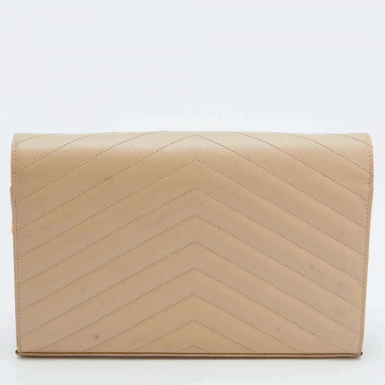 Pre Owned Saint Laurent Beige Matelassé Leather Cassandre Wallet on Chain