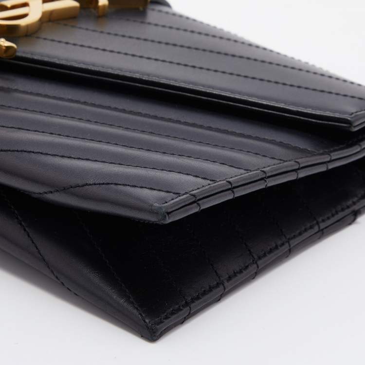 Pre Owned Saint Laurent Black Matelassé Leather Monogram Flap Clutch